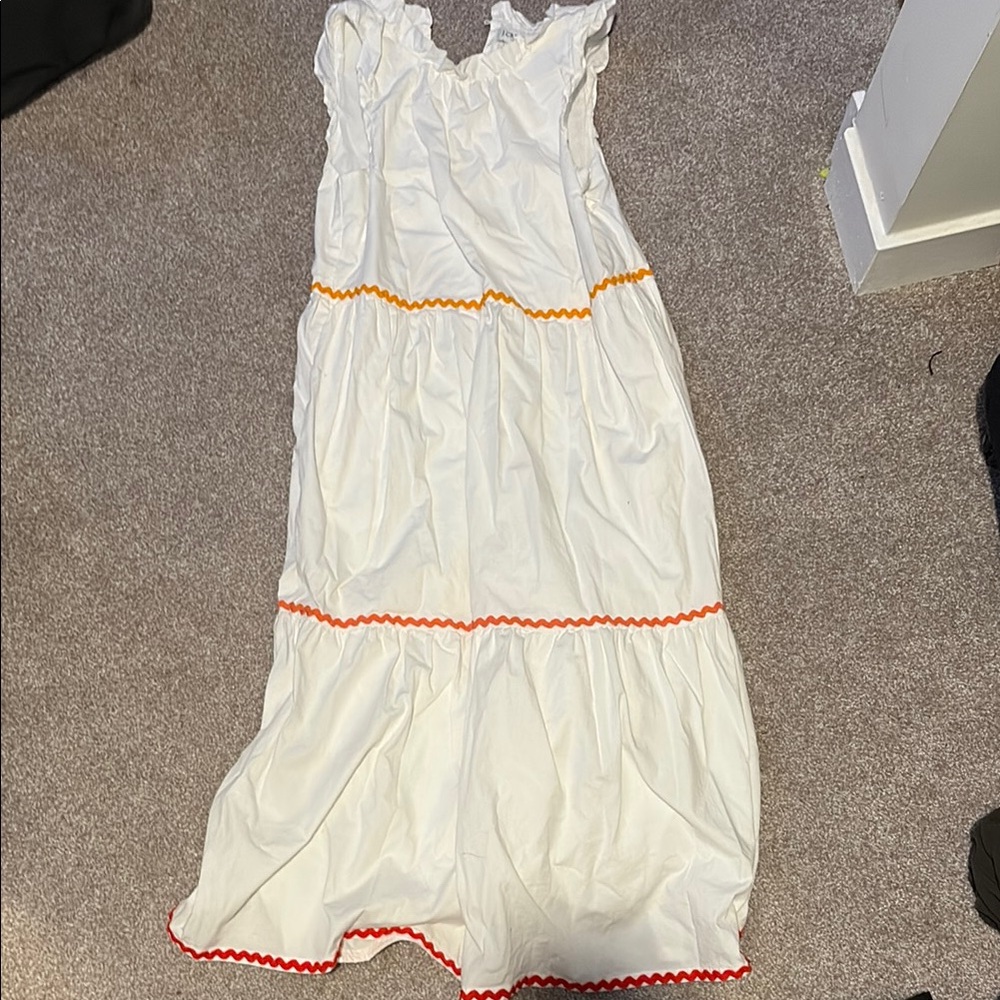 J. Crew White Midi Dress with Red and Orange Accents